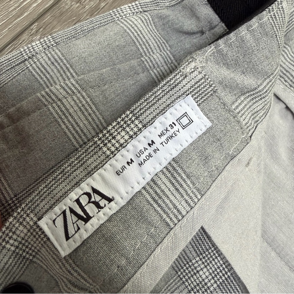 ZARA ELASTIC WAISTBAND FLAT FRONT TAPERED PLAID TROUSER PANTS GREY MEDIUM - Picture 4 of 13